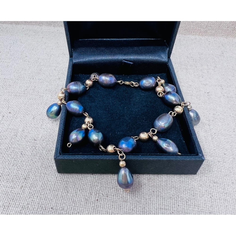 14K Gold Filled Peacock Blue Baroque Pearl Charm Bracelet Iridescent Teardrop